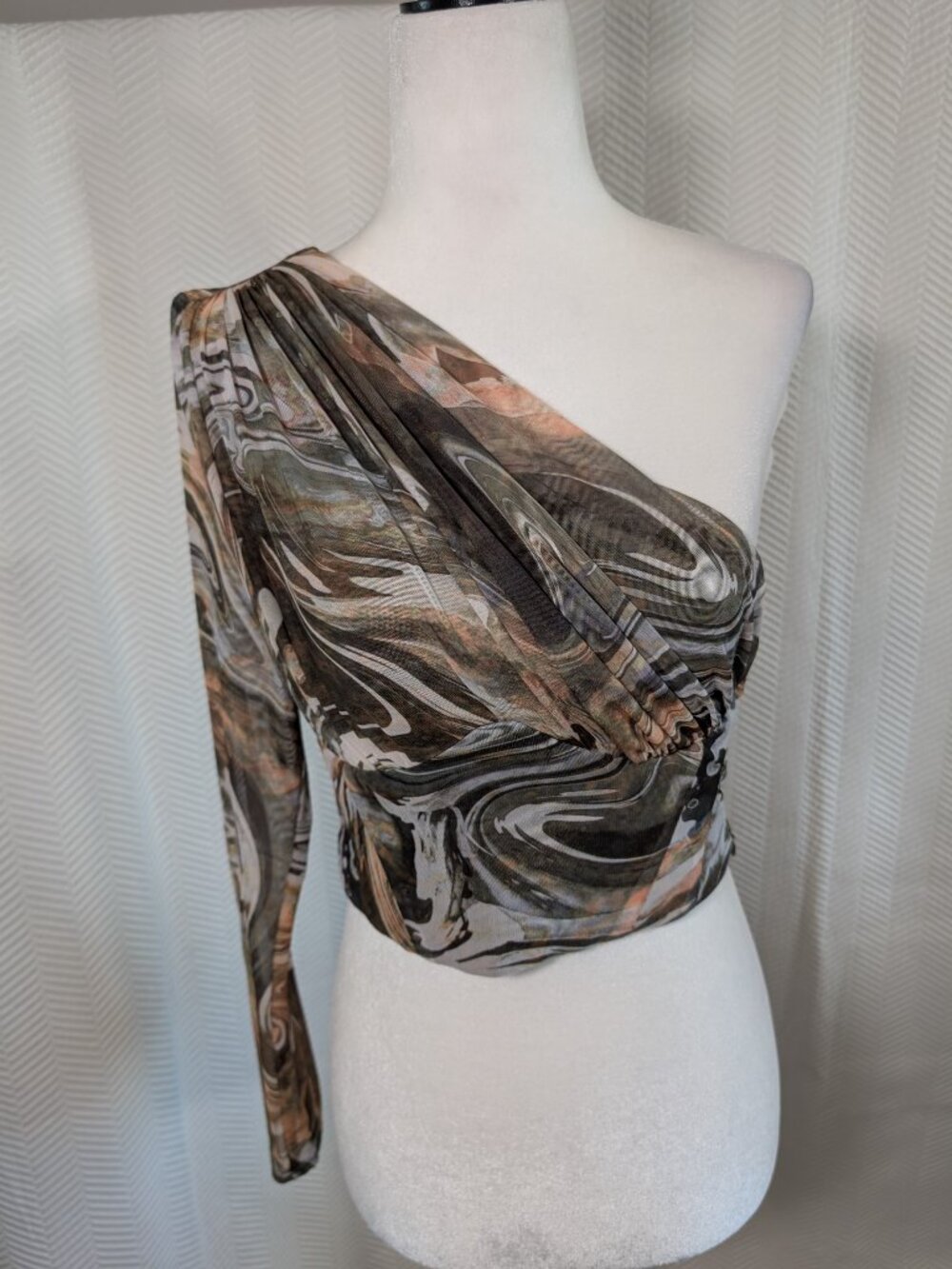 ZARA Asymmetrical One Shoulder Top Olive Green Marble Print Mesh Tulle Small